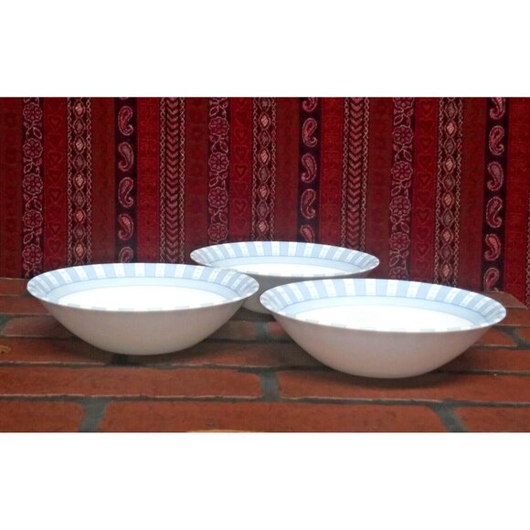 3 Martha Stewart Cereal Bowls Everyday Blue White Garden Trellis France Glass - Picture 6 of 11